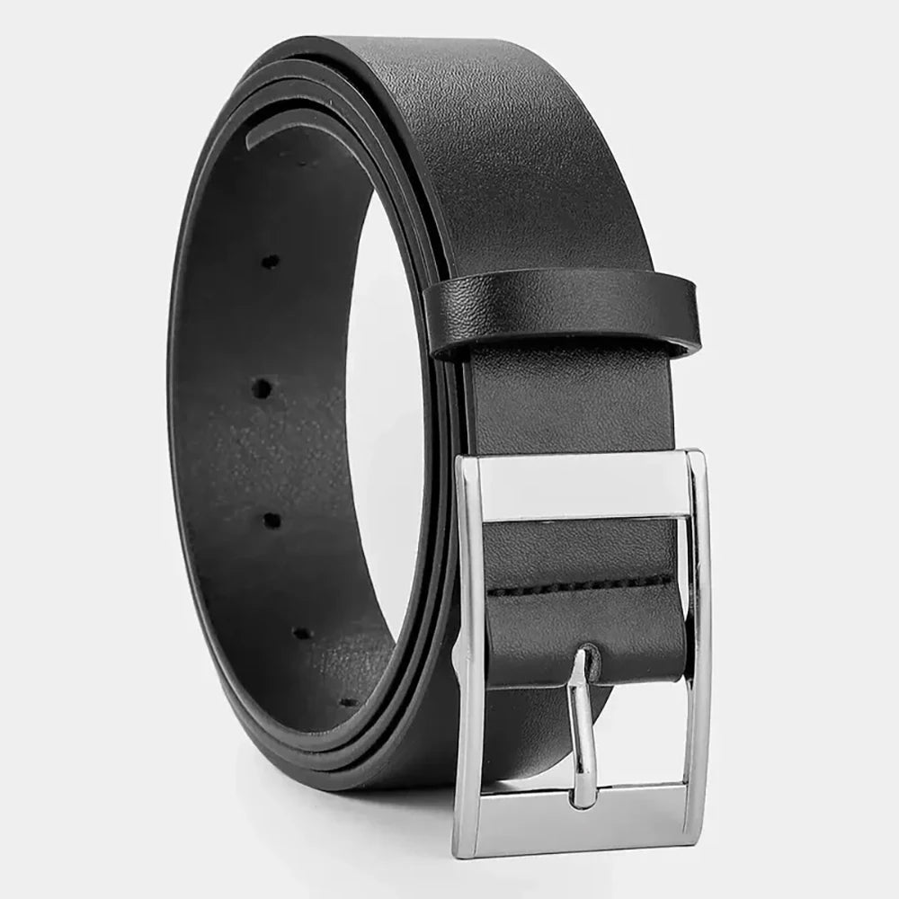 Leather belt with metal buckle.