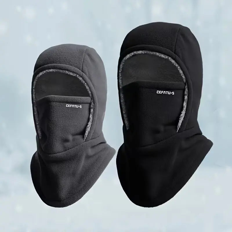 Wool balaclava with hood and thermal hat.