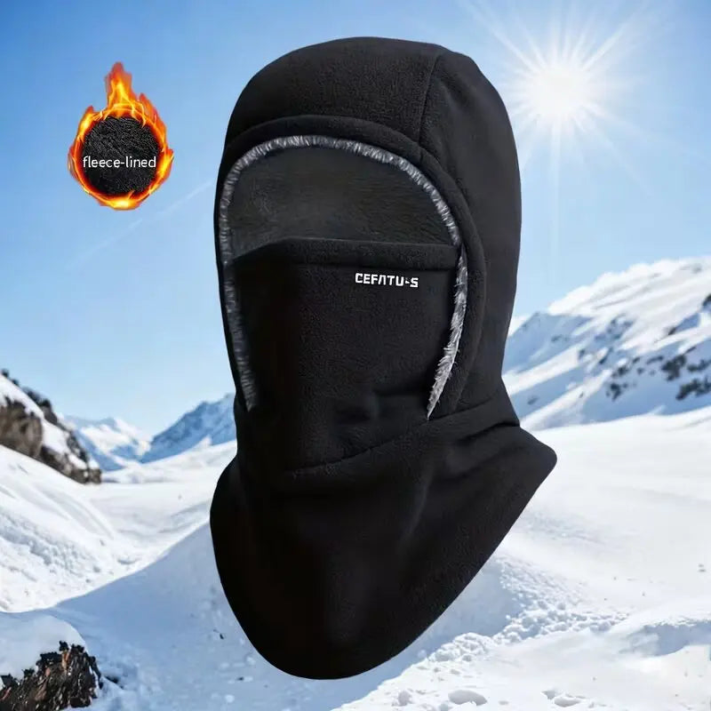 Wool balaclava with hood and thermal hat.
