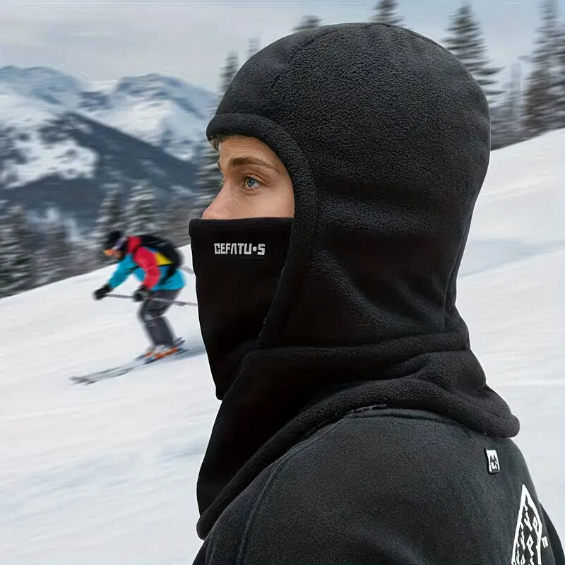Wool balaclava with hood and thermal hat.
