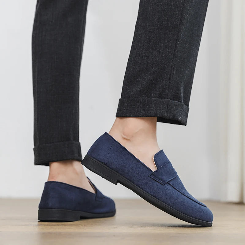 Suede moccasins without laces.