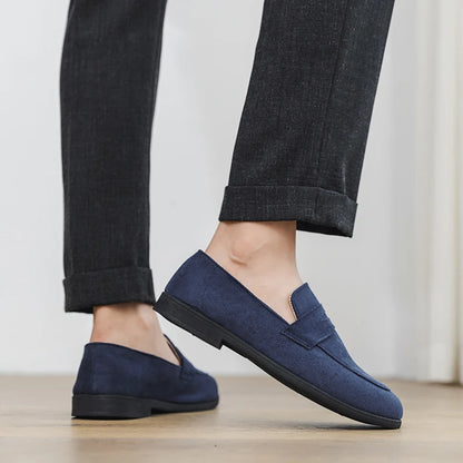 Suede moccasins without laces.