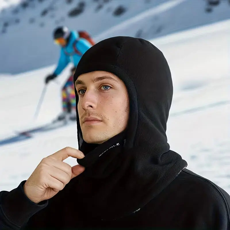 Wool balaclava with hood and thermal hat.