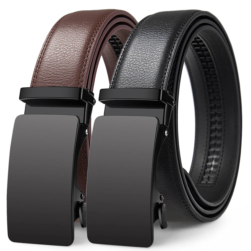 Leather belts with automatic buckle.