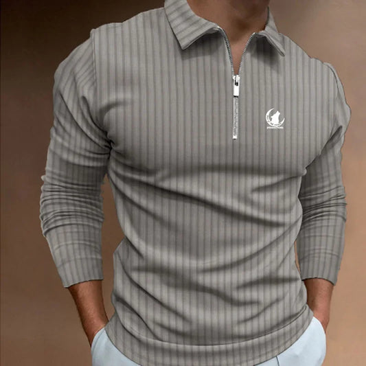 Polo shirt with zipper and stripes.