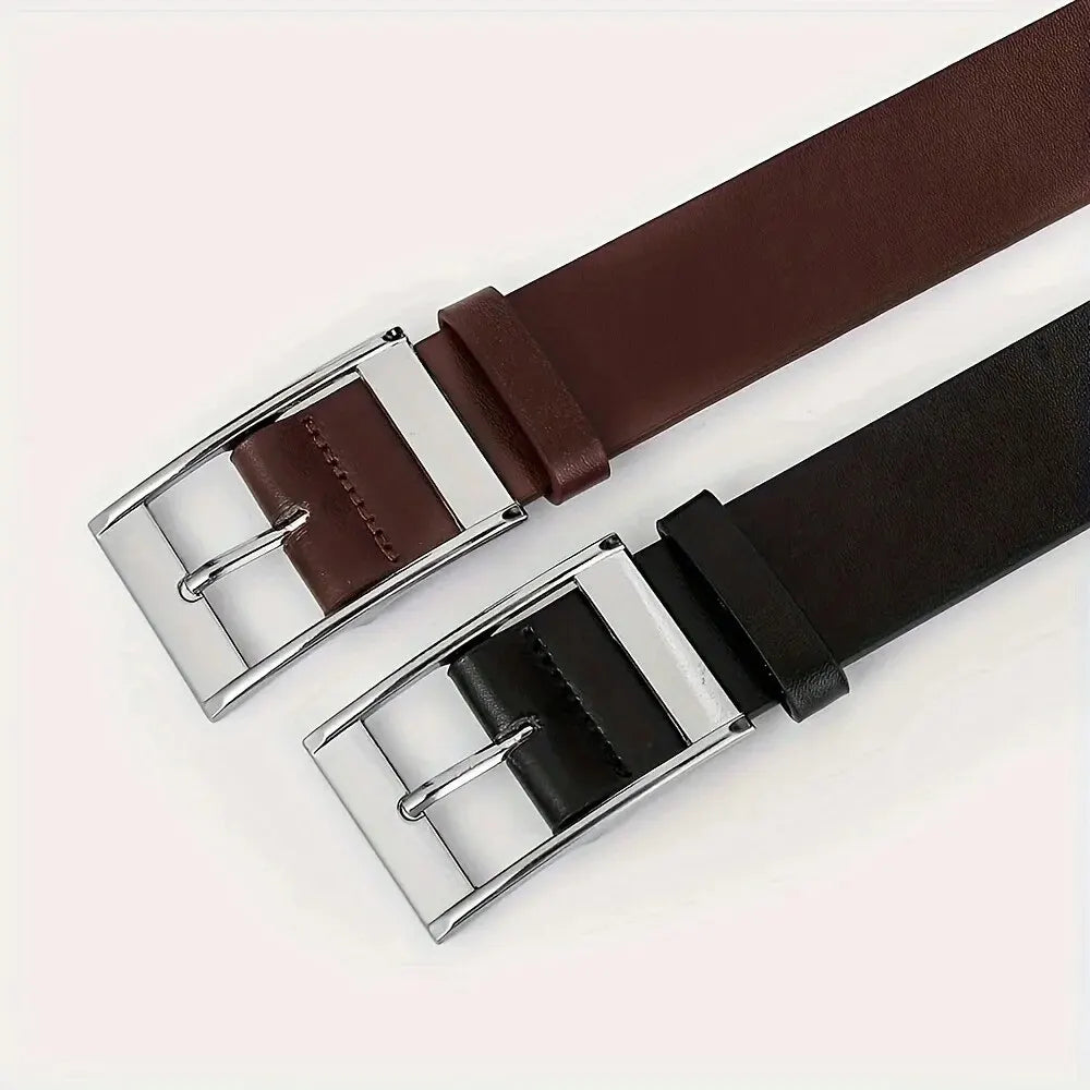 Leather belt with metal buckle.