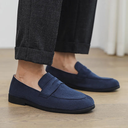 Suede moccasins without laces.