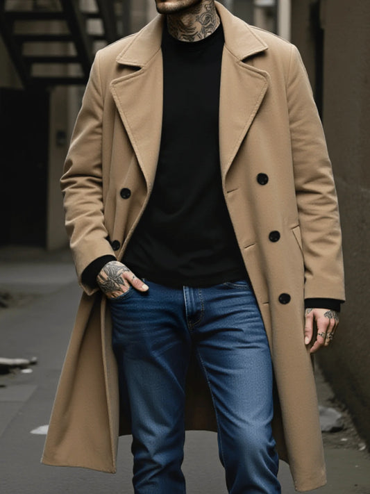 Double-breasted wool coat with thick, plush lining and windproof design.