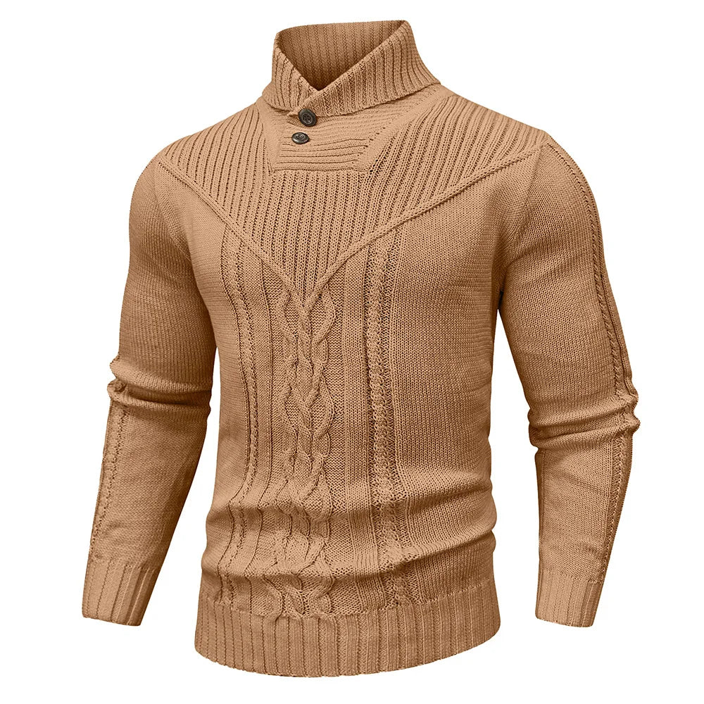 Wool sweater with shawl collar.