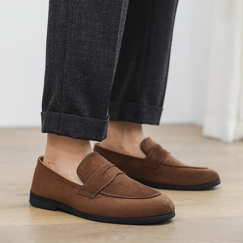 Suede moccasins without laces.