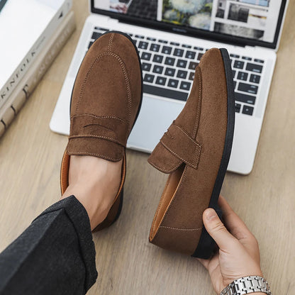 Suede moccasins without laces.