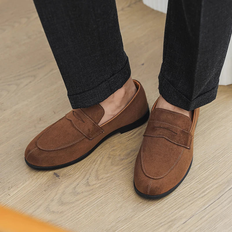 Suede moccasins without laces.