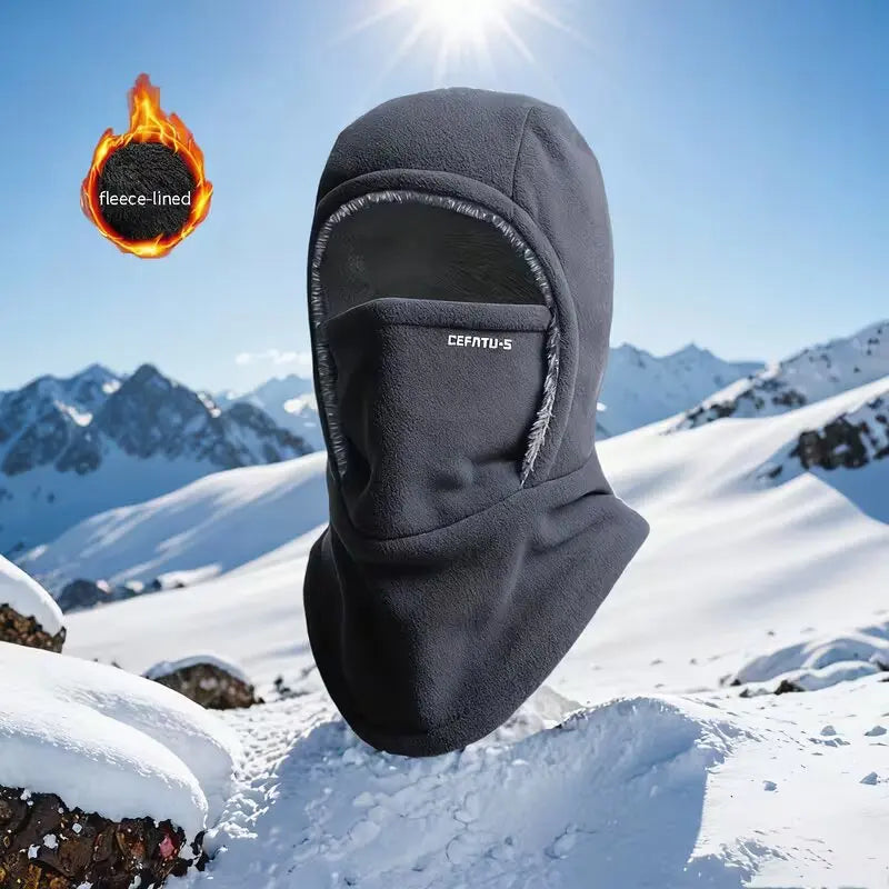 Wool balaclava with hood and thermal hat.